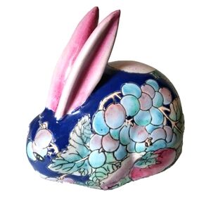 Vintage H.F.P. Macau Hand Painted Porcelain Bunny Rabbit Figurine Decor